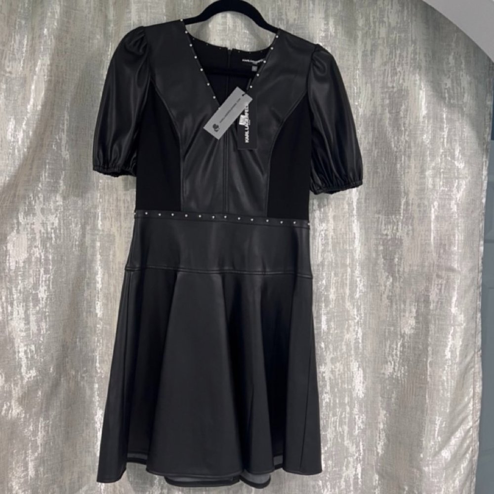 Karl Lagerfeld Paris, Women’s Faux leather dress silver-tone studs. SZ 6, NWT - Picture 4 of 13